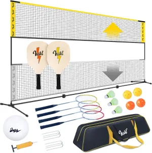 17ft Portable Badminton Pickleball Kids Volleyball Combo Sets with Net for Backyards, Adjustable Height (7ft Max), Freestanding Rackets Set Outdoor Driveway
