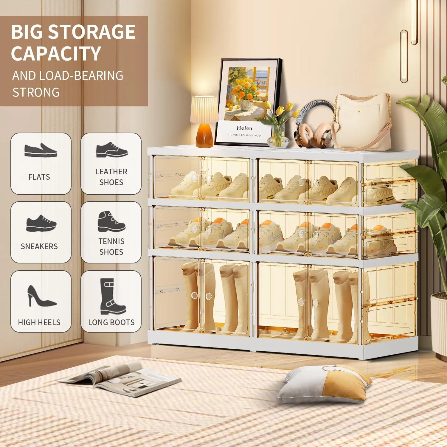 3-Tier Foldable Shoe Rack for Closet Entryway 6-12Pairs,Stackable Clear Shoe Storage Boxes Organizer with Door Plastic Small Shoe Cabinet Bins with Lids Narrow Shoe Shelf Easy Assembly
