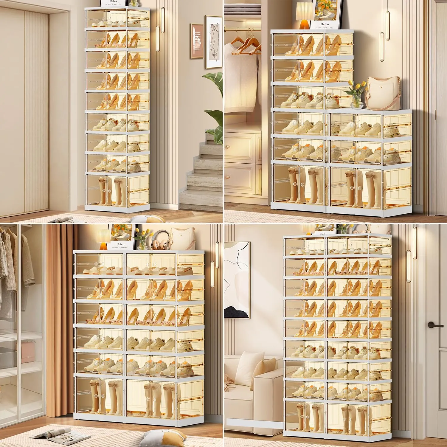 3-Tier Foldable Shoe Rack for Closet Entryway 6-12Pairs,Stackable Clear Shoe Storage Boxes Organizer with Door Plastic Small Shoe Cabinet Bins with Lids Narrow Shoe Shelf Easy Assembly