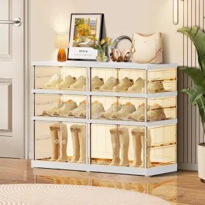 3-Tier Foldable Shoe Rack for Closet Entryway 6-12Pairs,Stackable Clear Shoe Storage Boxes Organizer with Door Plastic Small Shoe Cabinet Bins with Lids Narrow Shoe Shelf Easy Assembly