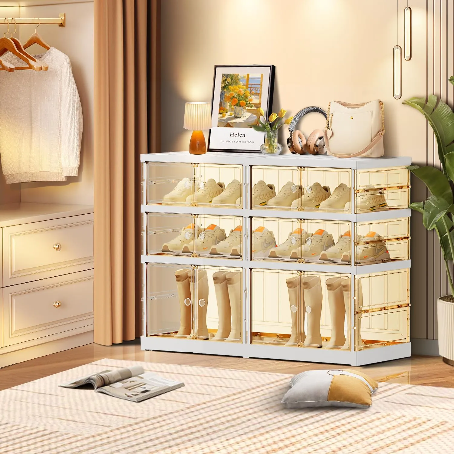 3-Tier Foldable Shoe Rack for Closet Entryway 6-12Pairs,Stackable Clear Shoe Storage Boxes Organizer with Door Plastic Small Shoe Cabinet Bins with Lids Narrow Shoe Shelf Easy Assembly