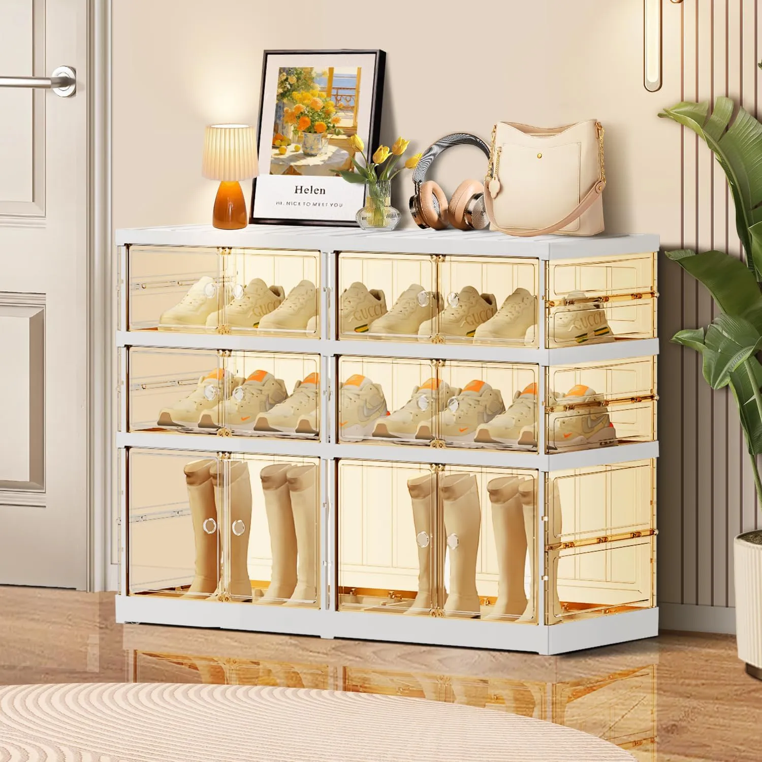 3-Tier Foldable Shoe Rack for Closet Entryway 6-12Pairs,Stackable Clear Shoe Storage Boxes Organizer with Door Plastic Small Shoe Cabinet Bins with Lids Narrow Shoe Shelf Easy Assembly