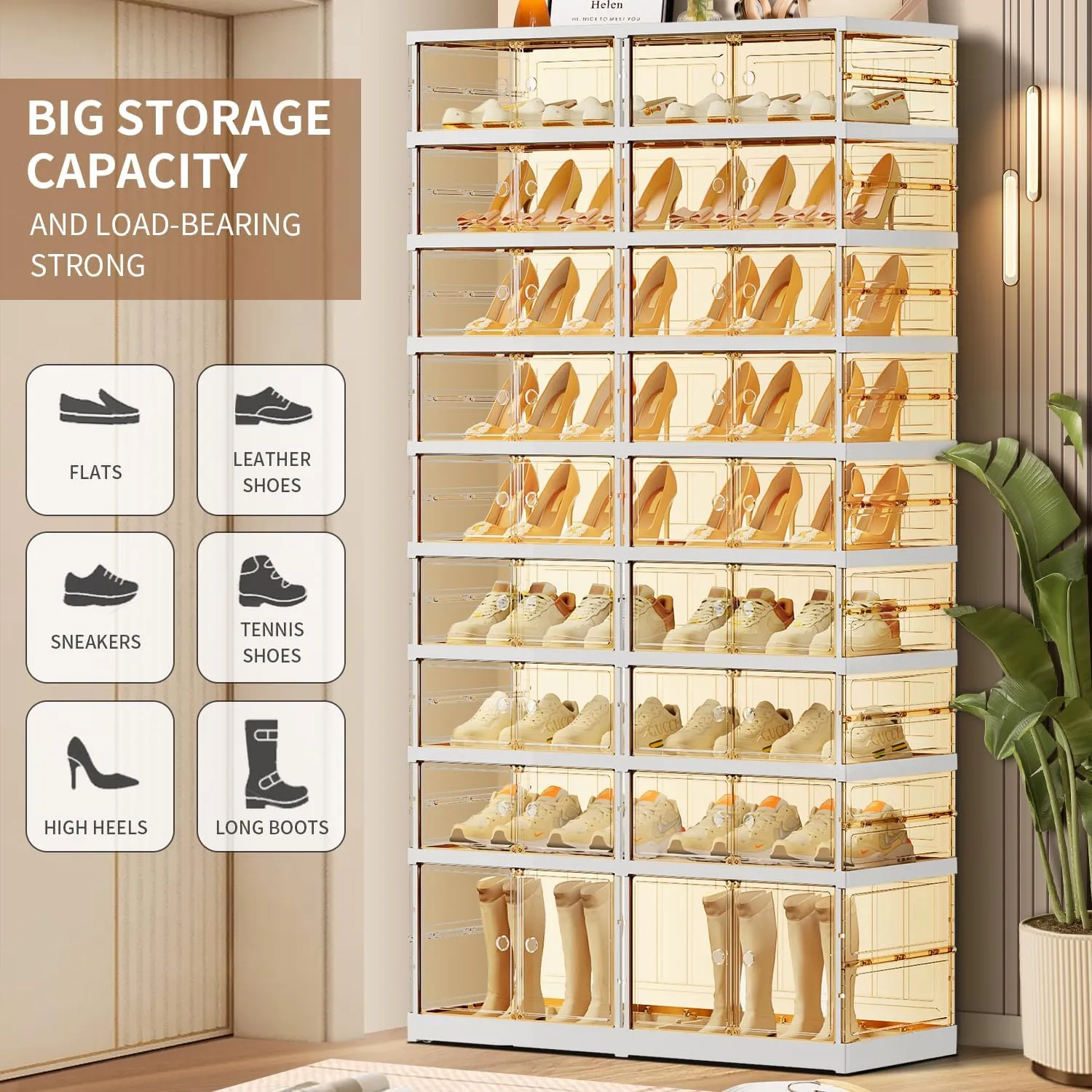 9 Tier Foldable Shoe Rack for Closet Entryway 18-36 Pairs Stackable Clear Shoe Storage Boxes with Lids Large Shoes Shelf with Door Tall Plastic Organizer Cabinet Easy Assembly