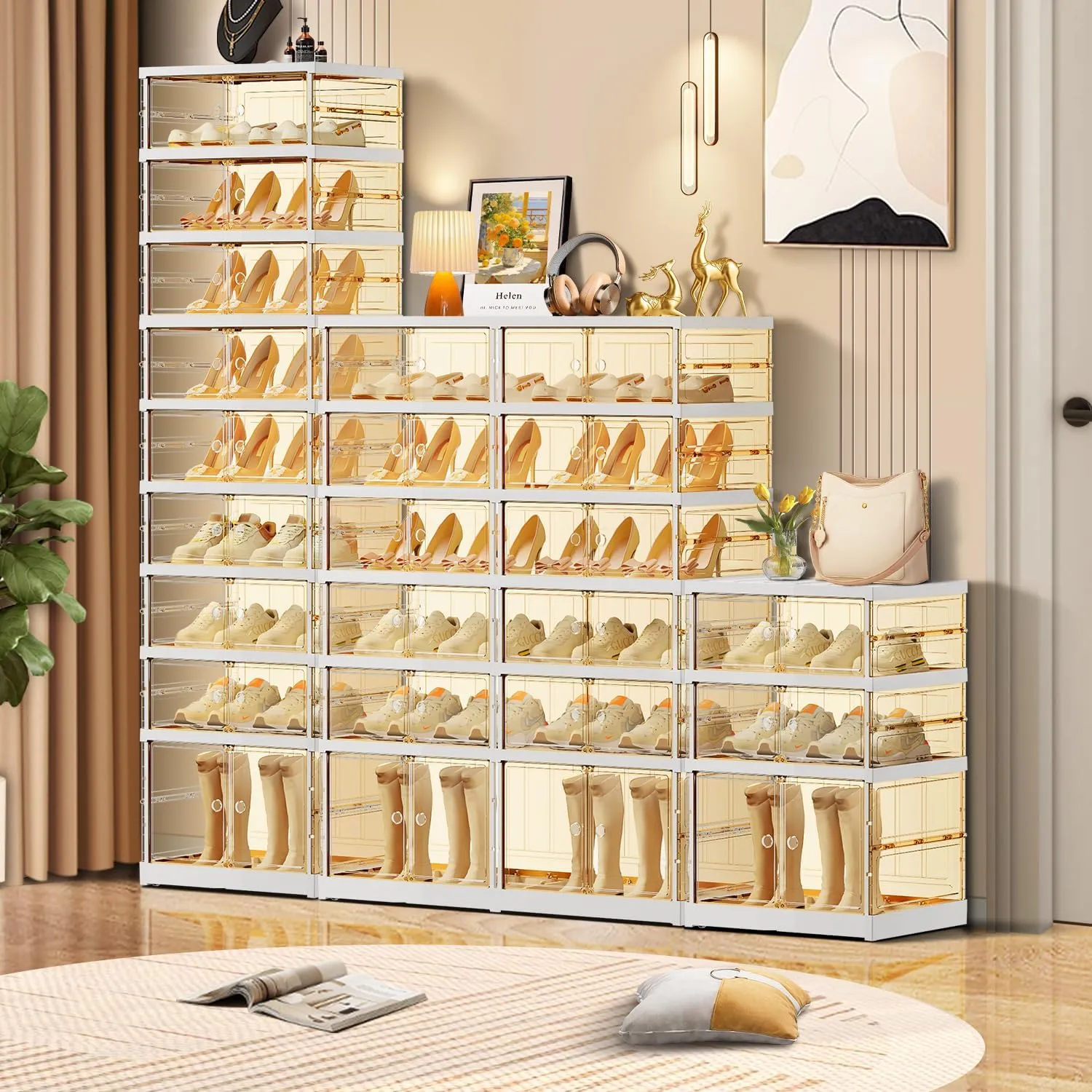9 Tier Foldable Shoe Rack for Closet Entryway 18-36 Pairs Stackable Clear Shoe Storage Boxes with Lids Large Shoes Shelf with Door Tall Plastic Organizer Cabinet Easy Assembly