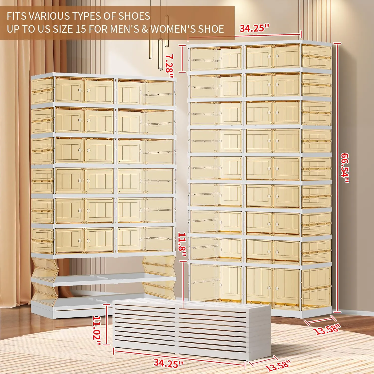 9 Tier Foldable Shoe Rack for Closet Entryway 18-36 Pairs Stackable Clear Shoe Storage Boxes with Lids Large Shoes Shelf with Door Tall Plastic Organizer Cabinet Easy Assembly