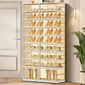 9 Tier Foldable Shoe Rack for Closet Entryway 18-36 Pairs Stackable Clear Shoe Storage Boxes with Lids Large Shoes Shelf with Door Tall Plastic Organizer Cabinet Easy Assembly