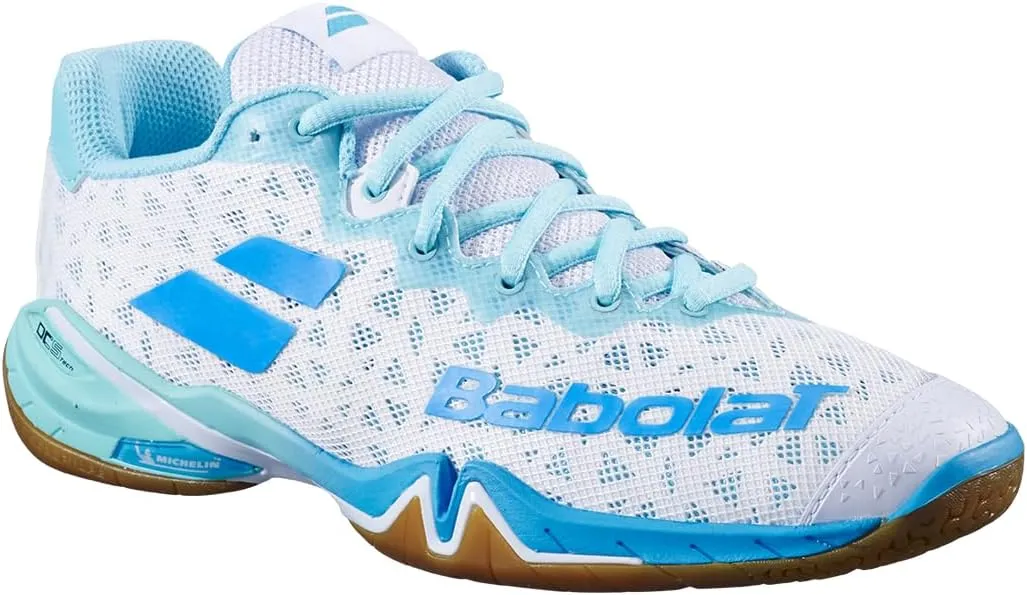 Babolat Women's Low-top Sneakers, Shadow 4 W Badminton Shoes, Size 39, Colour: White/Turquoise, Tight Upper, bi-Density Sole, Long-Term Comfort, Breathability, Optimal Hold