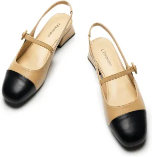 C.Paravano Slingback Heels for Women | Women's Mary Jane Slingback Pumps | Chunky Low Heel & Round Toe | Sling Back Dress Shoes