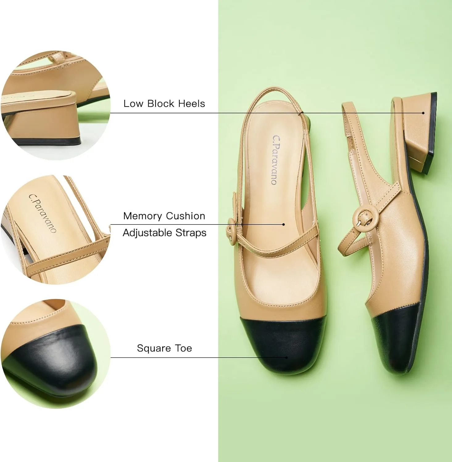 C.Paravano Slingback Heels for Women | Women's Mary Jane Slingback Pumps | Chunky Low Heel & Round Toe | Sling Back Dress Shoes