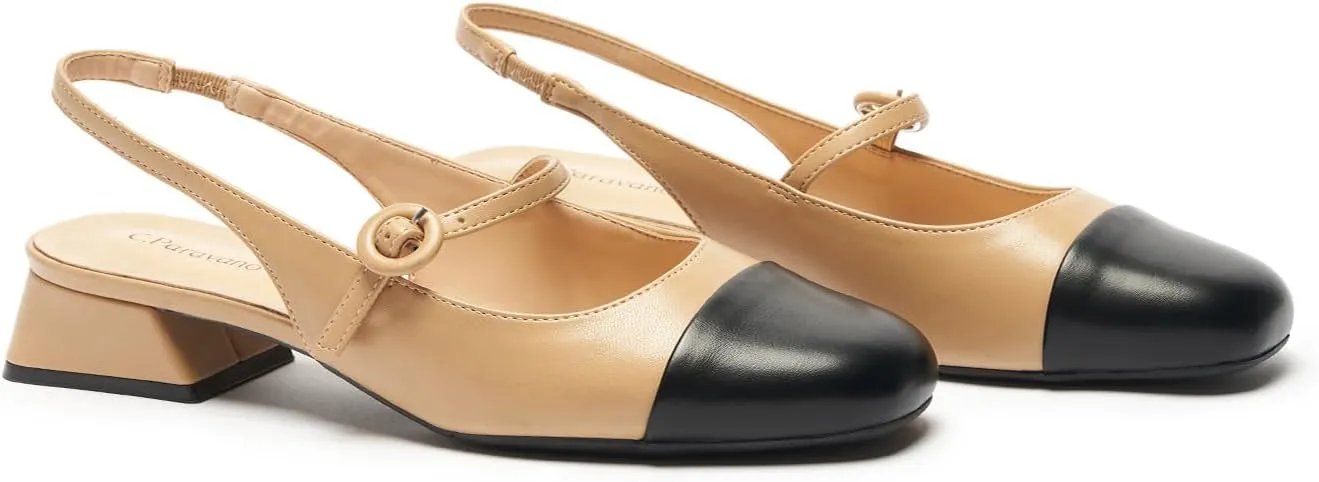 C.Paravano Slingback Heels for Women | Women's Mary Jane Slingback Pumps | Chunky Low Heel & Round Toe | Sling Back Dress Shoes