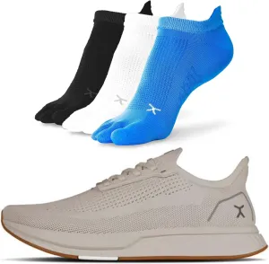 FLUX FOOTWEAR Adapt Bundle  Womens Zero-Drop Running Shoes with Knit Upper & UltraFlex Midsole   3-Pack Medium No-Show Toe Socks  Lightweight, Breathable, and Versatile  Sand RN - W10/8.5