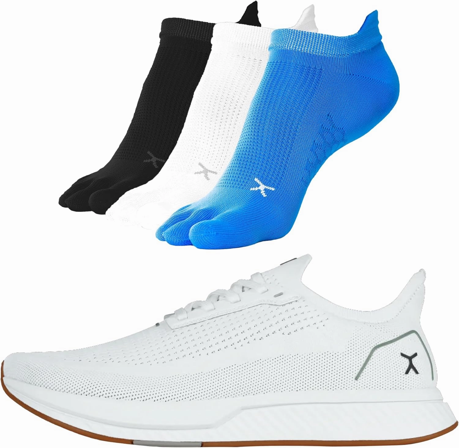 FLUX FOOTWEAR Adapt Bundle  Womens Zero-Drop Running Shoes with Knit Upper & UltraFlex Midsole   3-Pack Medium No-Show Toe Socks  Lightweight, Breathable, and Versatile  White/Gum RN - W9/M7.5