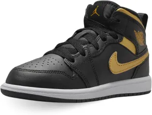 Jordan 1 Mid Little Kids' Shoes (DQ8424-071, Black/White/Metallic Gold) Size 13