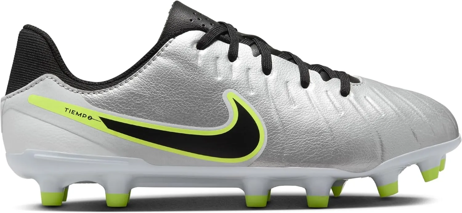 Nike Jr. Tiempo Legend 10 Academy Little/Big Kids' Multi-Ground Low-Top Soccer Cleats (DV4348-001, Metallic Silver/Volt/Black)