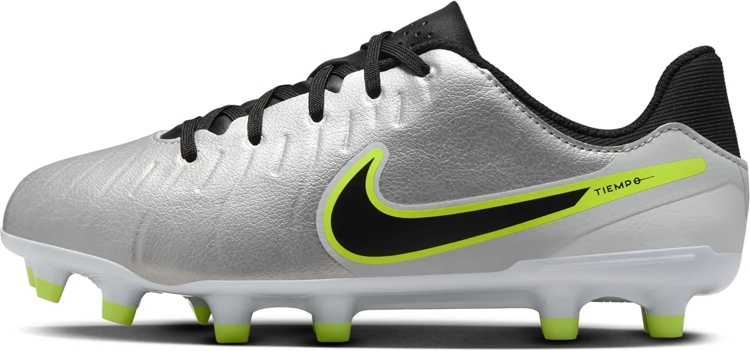 Nike Jr. Tiempo Legend 10 Academy Little/Big Kids' Multi-Ground Low-Top Soccer Cleats (DV4348-001, Metallic Silver/Volt/Black)