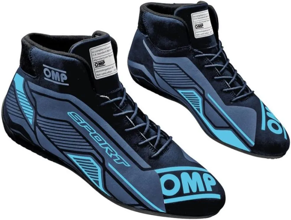 OMP Driving Shoe, Sport, Mid-Top, FIA Approved, Leather Outer, Fire Retardant Inner, Black/Cyan, Size 7.5, Pair