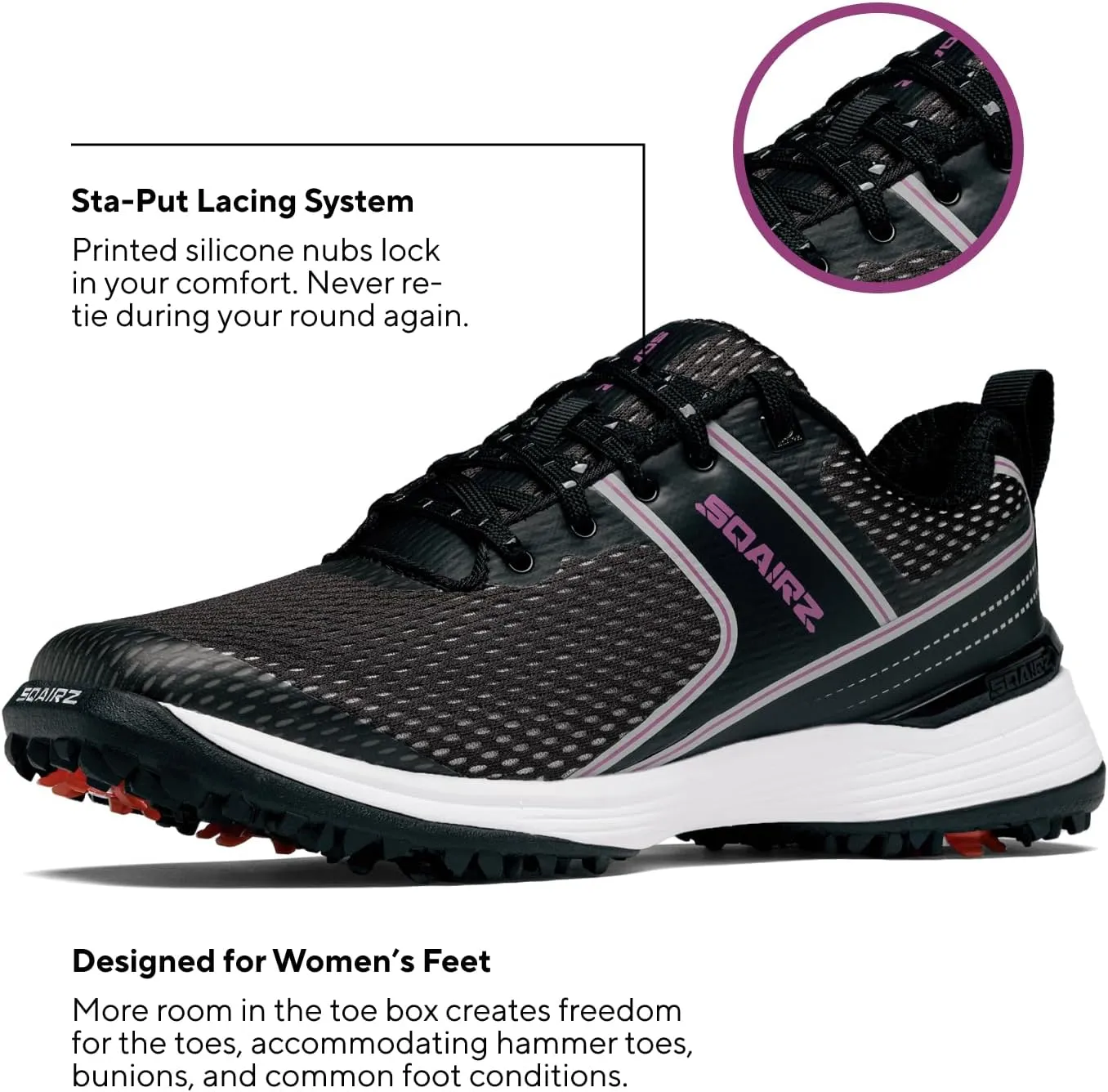 SQAIRZ Freedom Mesh Women's Athletic Golf Shoes, Golf Shoes, Designed for Balance & Performance, Replaceable Spikes, Breathable with Spikes