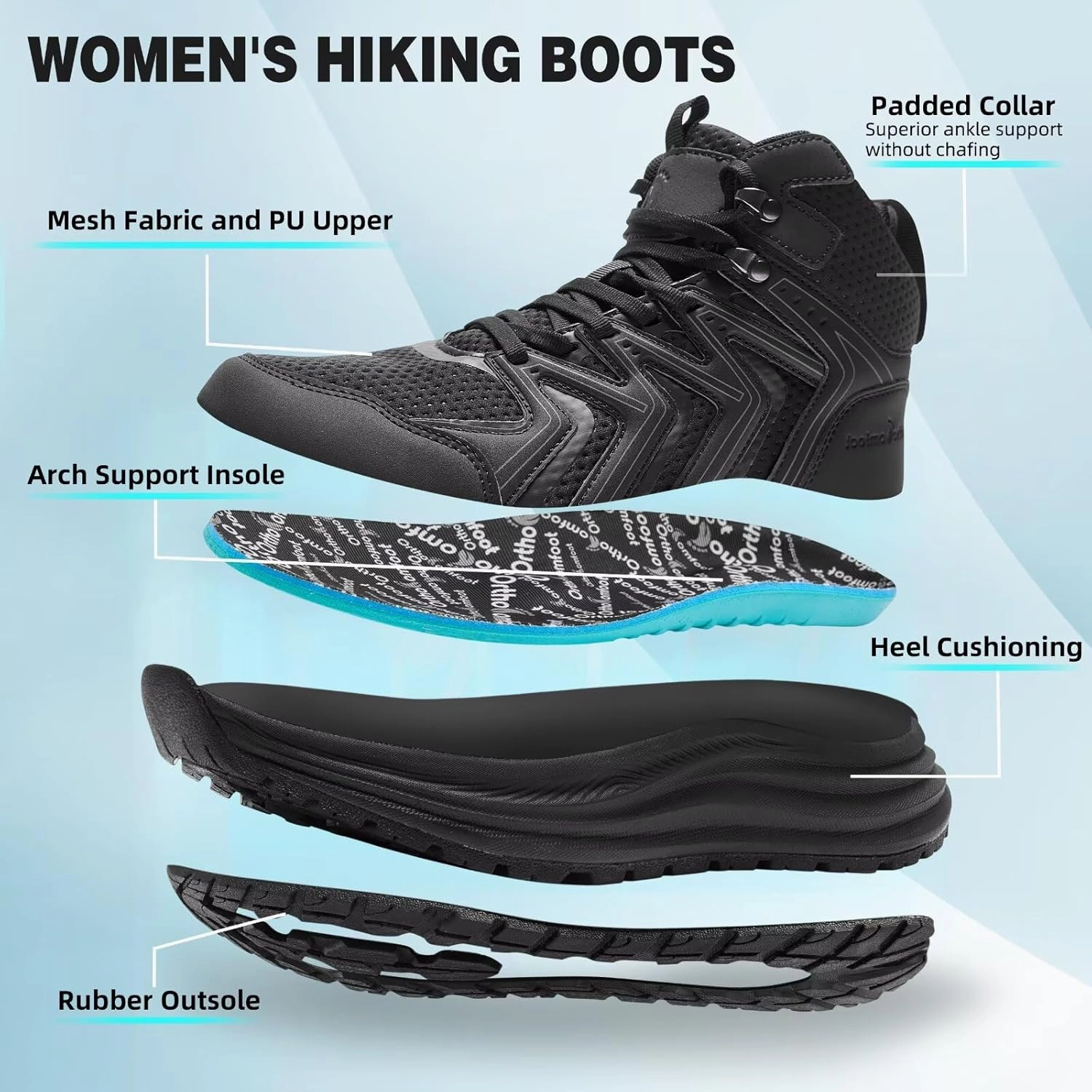Women's Orthopedic Mid Trekking Hiking Boots: Comfortable Plantar Fasciitis Ankle Support Workout Walking Running Shoes, Orthotic Work Sport Cross Training Trail Sneakers for Feet and Heel Pain Relief