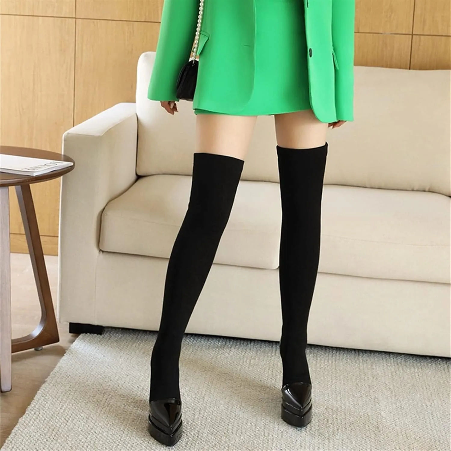 Womens Glossy Leather Pointed Toe Triple Platform High Profiled Cutout Heel Long Tube Sock Boots Knitted Wool Over The Knee Boot