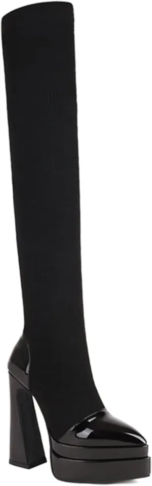 Womens Glossy Leather Pointed Toe Triple Platform High Profiled Cutout Heel Long Tube Sock Boots Knitted Wool Over The Knee Boot