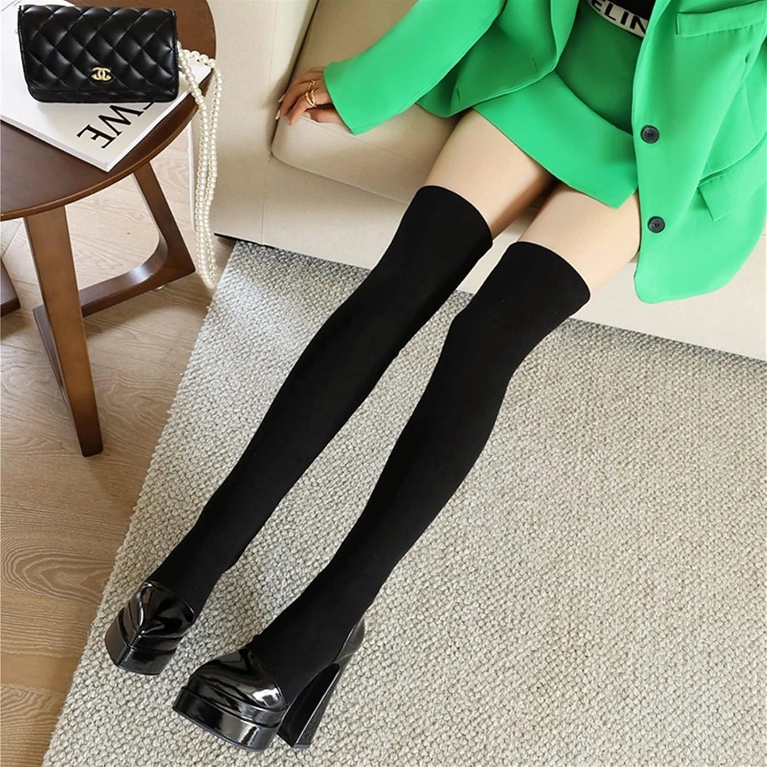 Womens Glossy Leather Pointed Toe Triple Platform High Profiled Cutout Heel Long Tube Sock Boots Knitted Wool Over The Knee Boot