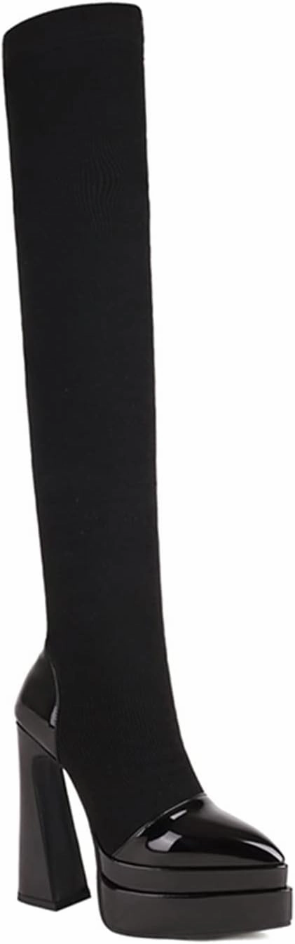 Womens Glossy Leather Pointed Toe Triple Platform High Profiled Cutout Heel Long Tube Sock Boots Knitted Wool Over The Knee Boot