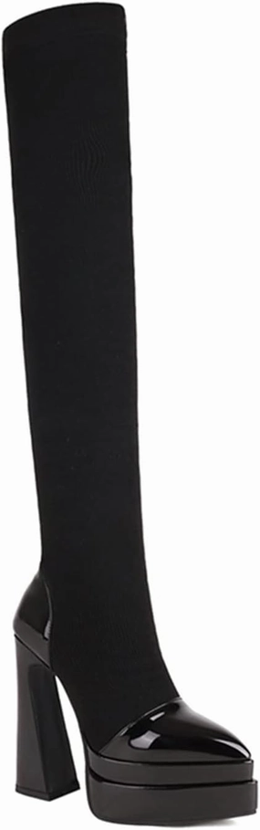 Womens Glossy Leather Pointed Toe Triple Platform High Profiled Cutout Heel Long Tube Sock Boots Knitted Wool Over The Knee Boot